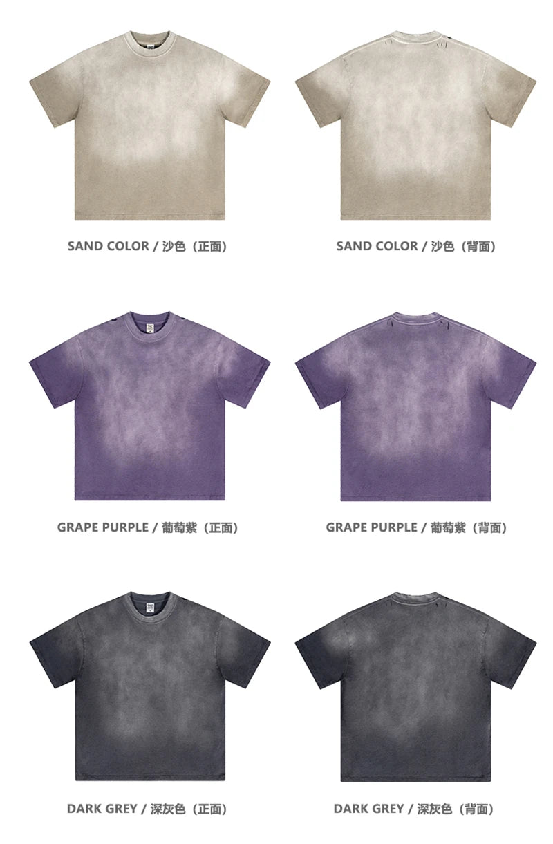 ZODF 2024 Summer Men Washed Gradient T-Shirts Unisex Women Distressed 250gsm Cotton T Shirt Brand Tees Streetwears HY0814