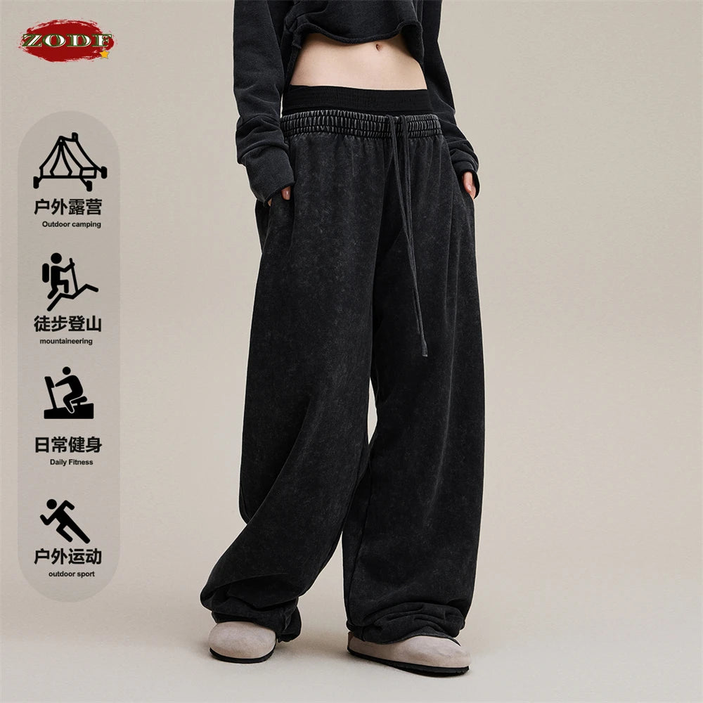 ZODF Retro Women Washed 370gsm Straight Pants Vintage Girls Female Loose Double Waist Wide Leg Cotton Trousers HY1150