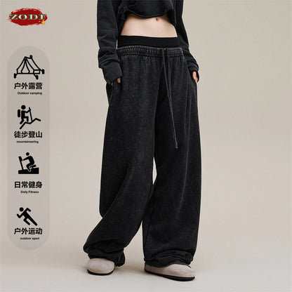 ZODF Retro Women Washed 370gsm Straight Pants Vintage Girls Female Loose Double Waist Wide Leg Cotton Trousers HY1150