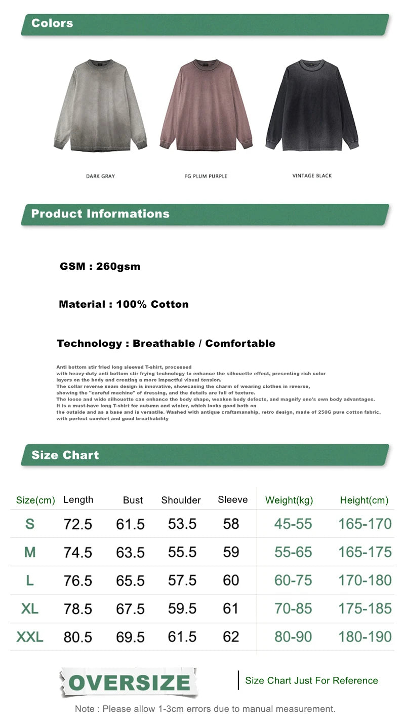 ZODF 2024 Autumn Men's Washed Cotton T-Shirt Unisex Oversized Distressed 250gsm Long Sleeve O Neck T Shirts Tees HY0921