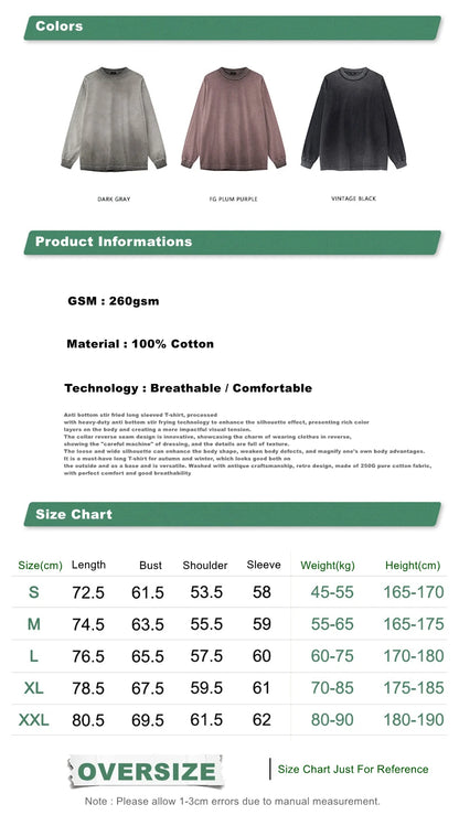 ZODF 2024 Autumn Men's Washed Cotton T-Shirt Unisex Oversized Distressed 250gsm Long Sleeve O Neck T Shirts Tees HY0921