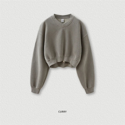 ZODF Winter Women Short Fleece Cropped Sweatshirts Girls Female Hip Hop Loose 400gsm V-Neck Pullovers Brand Tops HY0437