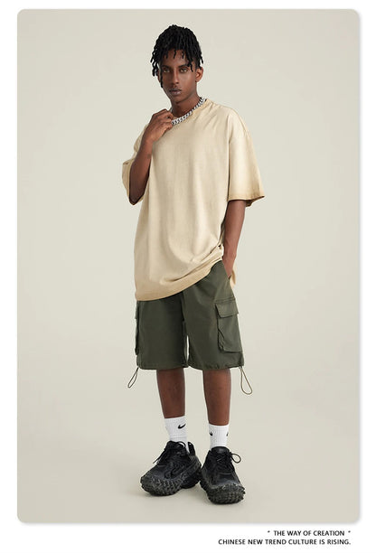 ZODF 2023 Men's Summer 255G Wash Gradient Fried Cotton T Shirt Round Neck Short Sleeve American Retro Loose T-Shirt HY0547