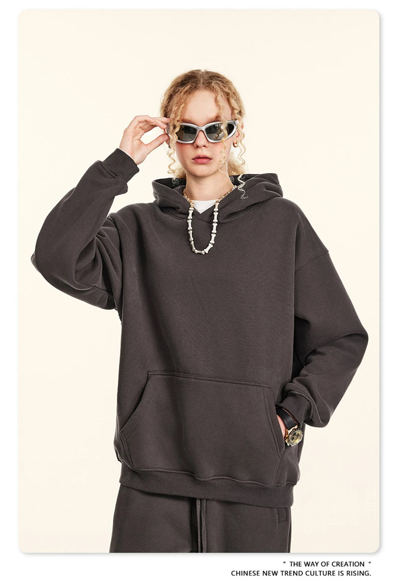 ZODF New 2024 Autumn Winter Men 345gsm Fleece Hoodies Unisex Women Relax Fit Warm Solid Hooded Pullovers Sweatshirts HY0863