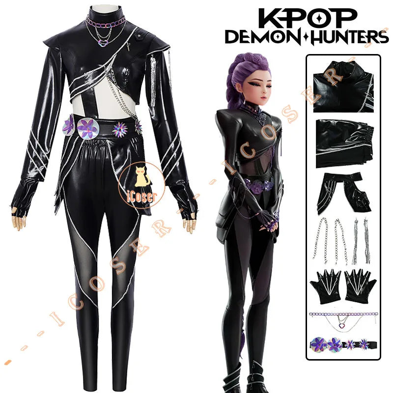 KPop Demon Hunters Rumi Cosplay Costume Black Leather Combat Uniform Necklace Gothic Punk Huntrix Halloween Women Girls iCoser