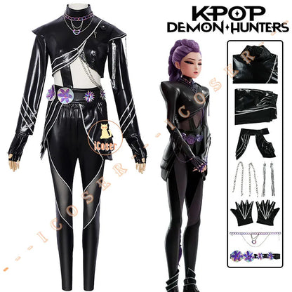 KPop Demon Hunters Rumi Cosplay Costume Black Leather Combat Uniform Necklace Gothic Punk Huntrix Halloween Women Girls iCoser