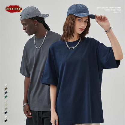 ZODF New Summer Men 275gsm Cotton T Shirts Unisex Women High Street Oversized FG Noshrink Solid T-Shirt Streetwears HY0152