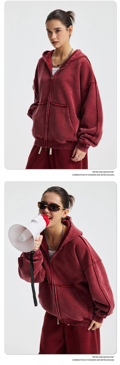 ZODF Vintage Man's Batik Washed Fleece Zipper Hoodie Unisex Winter Warm Distressed Hooded Coat Pullovers Brand Clothing HY1146