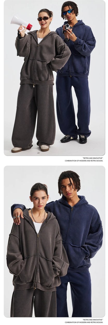 ZODF Vintage Man's Batik Washed Fleece Zipper Hoodie Unisex Winter Warm Distressed Hooded Coat Pullovers Brand Clothing HY1146