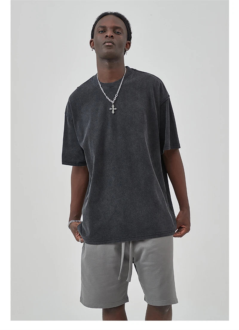 ZODF New Spring Summer Washed Cotton Solid T Shirts For Men Unisex High Street Loose Edge Oversized Noshrink T-Shirt Tee HY0465