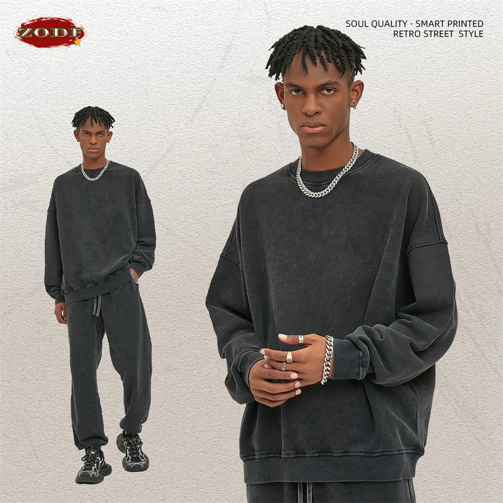 ZODF Retro Autumn Men Batik Washed Cotton Sweatshirts Unisex Loose 420gsm Terry O Neck Pullovers Streetwears HY0665