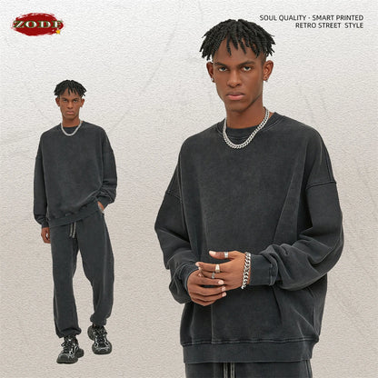 ZODF Retro Autumn Men Batik Washed Cotton Sweatshirts Unisex Loose 420gsm Terry O Neck Pullovers Streetwears HY0665