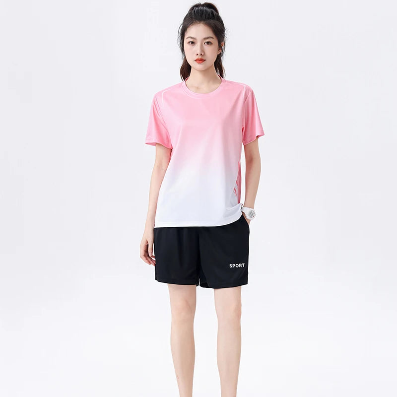 Chrlck Unisex Gradient Quick-Dry Ice Silk Fitness T-Shirt and Shorts Set for Running Gym Training