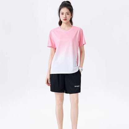 Chrlck Unisex Gradient Quick-Dry Ice Silk Fitness T-Shirt and Shorts Set for Running Gym Training