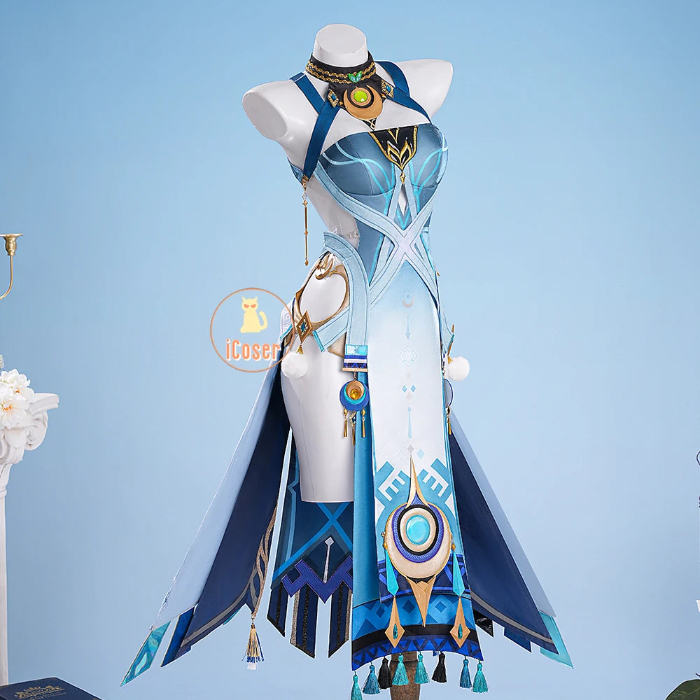 Genshin Impact Lauma Cosplay Costume Wig Dress Uniform Headwear Earrings Frostmoon Scions Halloween Party for Women Girls iCoser