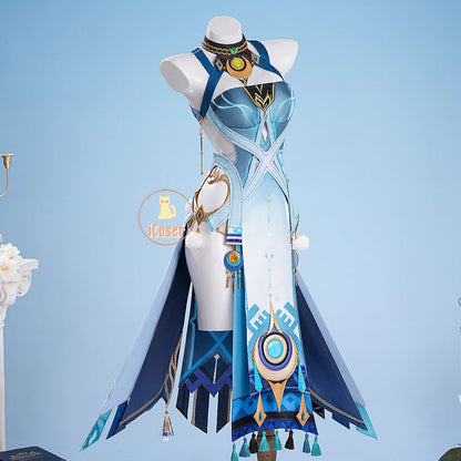 Genshin Impact Lauma Cosplay Costume Wig Dress Uniform Headwear Earrings Frostmoon Scions Halloween Party for Women Girls iCoser