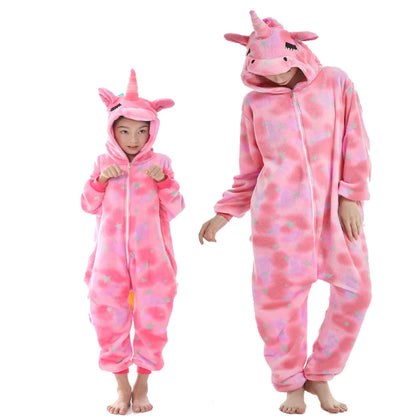 Pink Kigurumi Unicorn Pajamas for Family Set Outfits Cute Winter Flannel Soft Warm Children Pyjamas Mommy and Me Matching Outfit