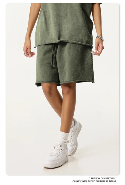 ZODF New 2025 Men Summer Loose Edge Washed Cotton Shorts Unisex Retro High Street Distressed 330gsm Shorts Brand Clothes HY1056