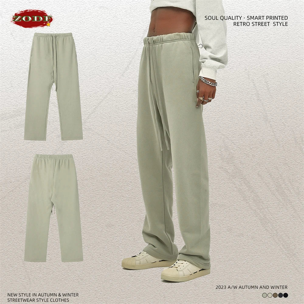 ZODF Fashion 2024 Men Loose Straight Pants Unisex 365gsm Retro Comfortable Sport Solid Drawstring Trousers HY0588
