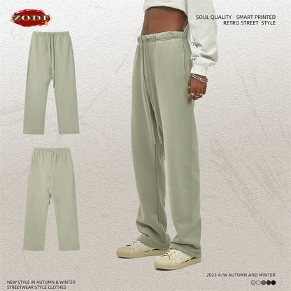 ZODF Fashion 2024 Men Loose Straight Pants Unisex 365gsm Retro Comfortable Sport Solid Drawstring Trousers HY0588