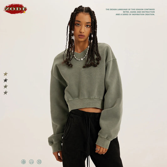ZODF Winter Women Short Fleece Cropped Sweatshirts Girls Female Hip Hop Loose 400gsm V-Neck Pullovers Brand Tops HY0437