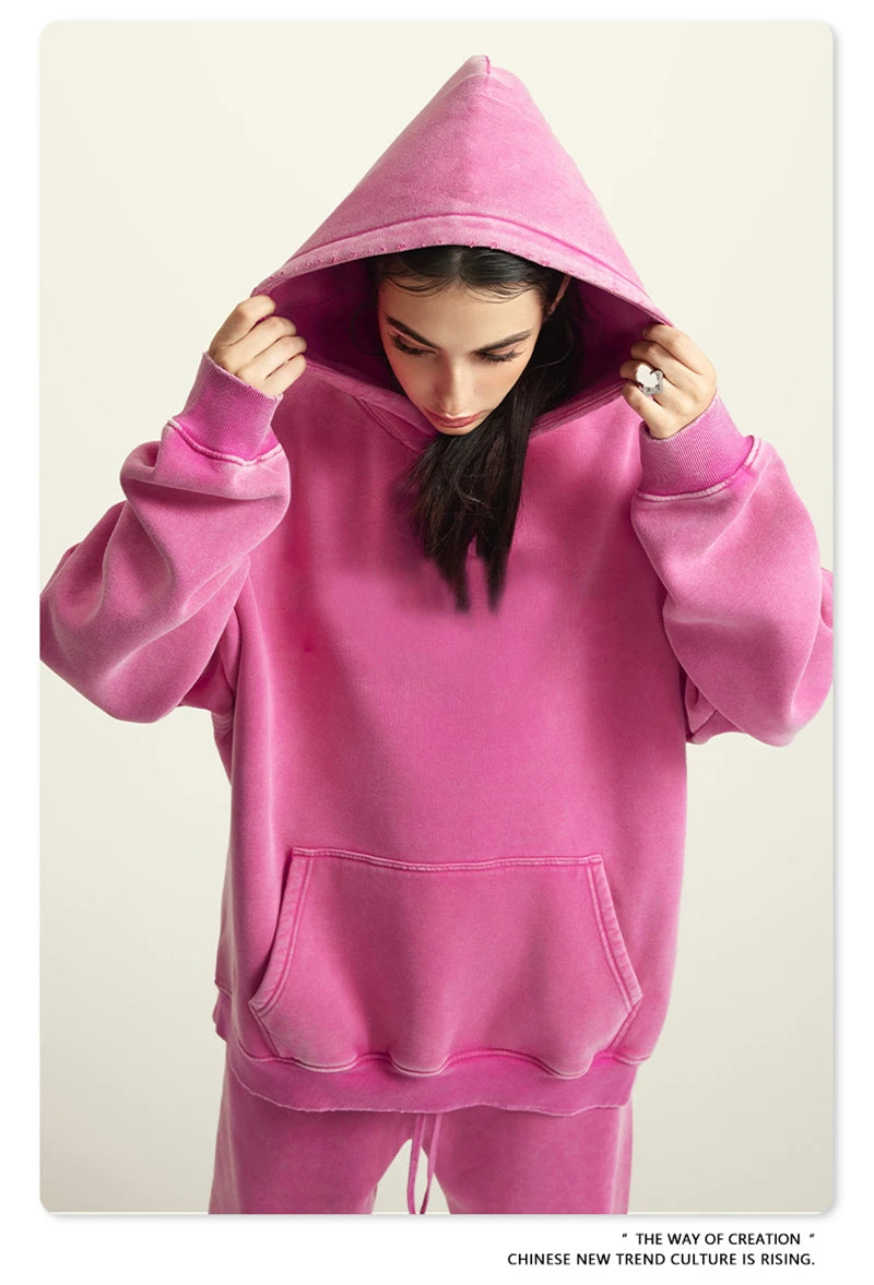 ZODF Winter Autum Men's Washed 400gsm Fleece Hoodies Unisex Couple Retro Oversized Ripped Hooded Sweatshirts Pullovers HY0652