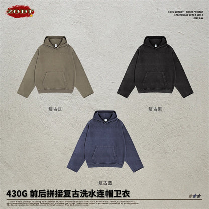 ZODF Fashion Heavy Weight 430gsm Washed Hoodie For Men Unisex Loose Edge Patchwork Distressed Hooded Pullovers Coat HY1098