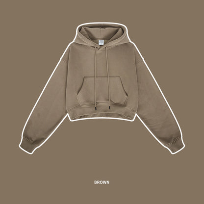 ZODF Chic Sexy Women Super-short Fleece Cropped Hoodies Girl Female Hip Hop Loose 345gsm Solid Hooded Pullover Streetwear HY0340