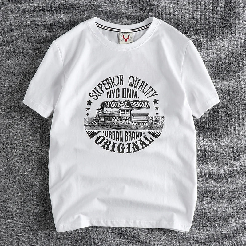 Summer American Retro Short-sleeved O-neck Locomotive Printed T-shirt Men's Fashion Simple 100% Cotton Washed Casual Sport Tops