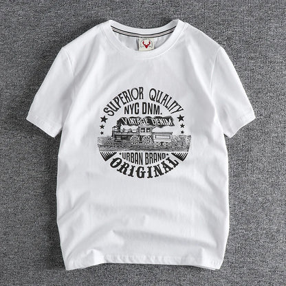 Summer American Retro Short-sleeved O-neck Locomotive Printed T-shirt Men's Fashion Simple 100% Cotton Washed Casual Sport Tops