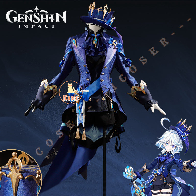 iCoser Focalors Furina Cosplay Costume Wig Dress Genshin Impact Fontaine Uniform Hat Pneuma Ousia God of Justice for Women Props