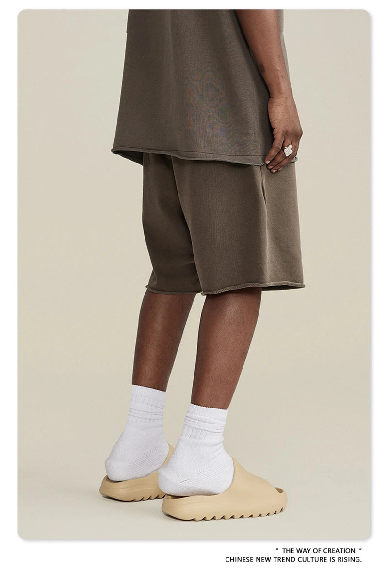 ZODF New Summer Men Retro Washed Shorts Unisex Drawstring Loose Edge 420gsm Solid Knee Length Cotton Pants Streetwears HY0589