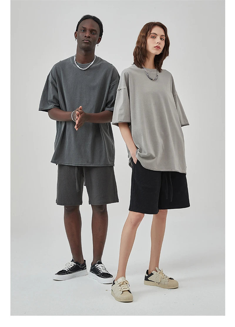 ZODF 2025 High Street Men Batik Washed Solid T Shirts Unisex Summer Loose Edge Noshrink 275gsm Cotton T-Shirt Streetwears HY0466