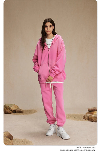 ZODF Retro Winter Men Spray-Dyed Zipper Hoodies Unisex Loose 360gsm Zipper Fleece Hooded Sweatshirt Pullovers Coats HY0719