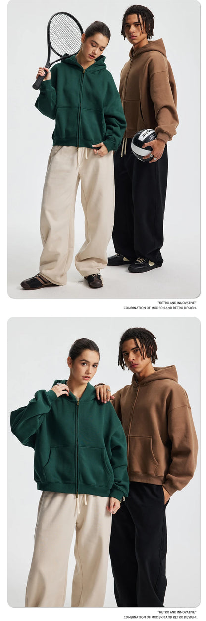 ZODF Trendy 2025 Winter Man Solid Fleece Boxy Hoodies Unisex 350gsm Double Head Zipper Hooded Sweatshirts Coat HY1122