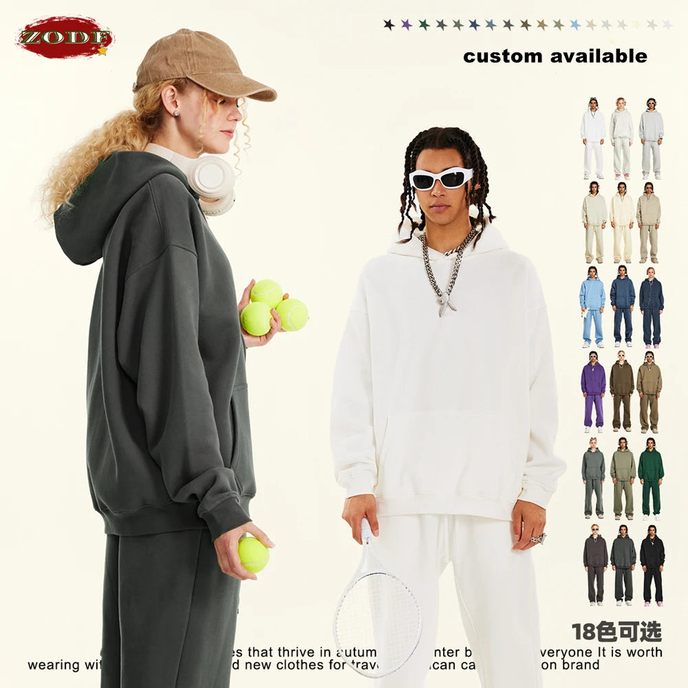 ZODF New 2024 Autumn Winter Men 345gsm Fleece Hoodies Unisex Women Relax Fit Warm Solid Hooded Pullovers Sweatshirts HY0863