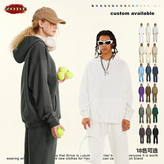 ZODF New 2024 Autumn Winter Men 345gsm Fleece Hoodies Unisex Women Relax Fit Warm Solid Hooded Pullovers Sweatshirts HY0863