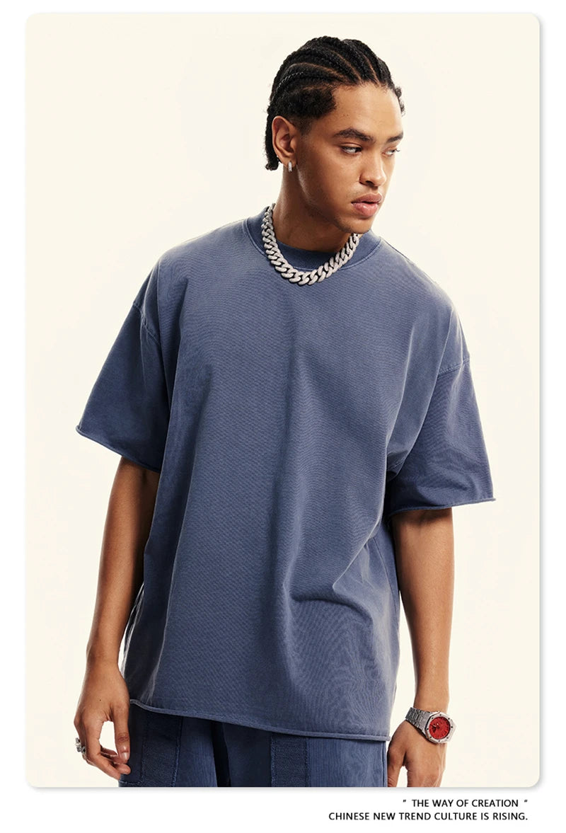 ZODF Retro 2024 Summer Men Washed Cotton T-Shirts  Unisex Women 310gsm Distressed Hem Loose Edge T Shirt Brand Tees HY0808