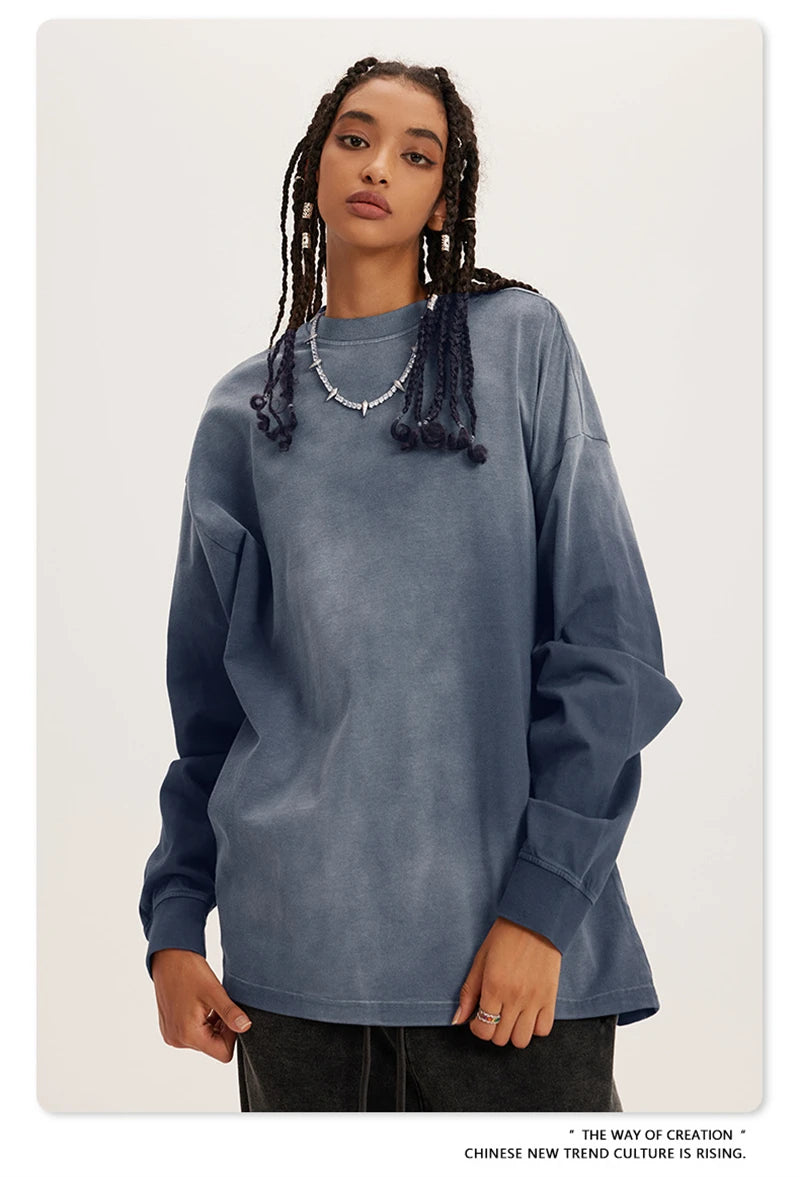 ZODF Retro Monkey Washed 260gsm Cotton T-Shirt For Men Unisex High Street Loose Full Sleeve T Shirt Brand Streetwear HY0406