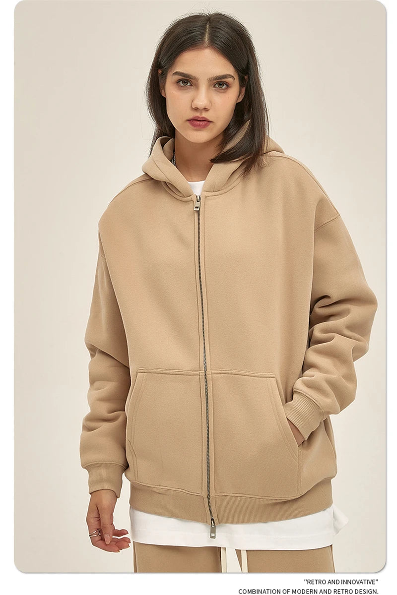 ZODF New Men Double Headed Zipper Fleece Hoodies Unisex Loose Basic Solid Warm Hooded Sweatshirts Coats For Winter HY0633