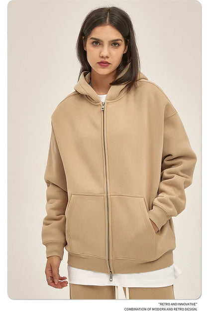 ZODF New Men Double Headed Zipper Fleece Hoodies Unisex Loose Basic Solid Warm Hooded Sweatshirts Coats For Winter HY0633