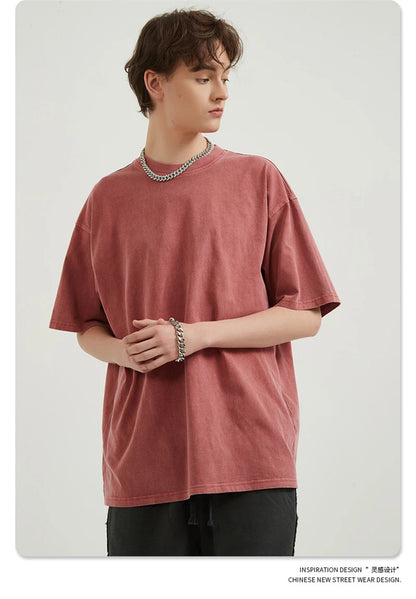 ZODF Men 2024 Retro Summer Washed Solid Cotton T-Shirts Unisex Retro Loose High Street 250gsm Basic Tees Streerwears HY0075