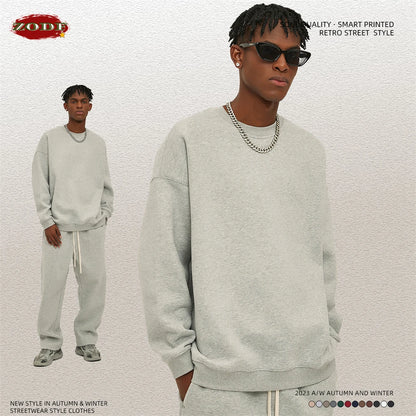 ZODF New 2025 Winter 350gsm Fleece Sweatshirts For Men Unisex Casual Loose Basic Solid O-Neck Thick Warm Pullovers HY0635