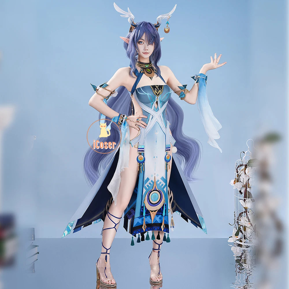 Genshin Impact Lauma Cosplay Costume Wig Dress Uniform Headwear Earrings Frostmoon Scions Halloween Party for Women Girls iCoser