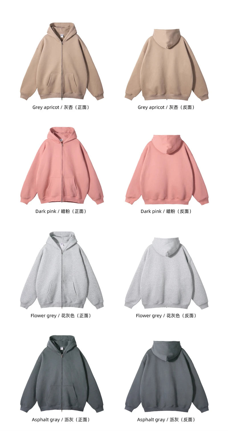 ZODF New Men Double Headed Zipper Fleece Hoodies Unisex Loose Basic Solid Warm Hooded Sweatshirts Coats For Winter HY0633