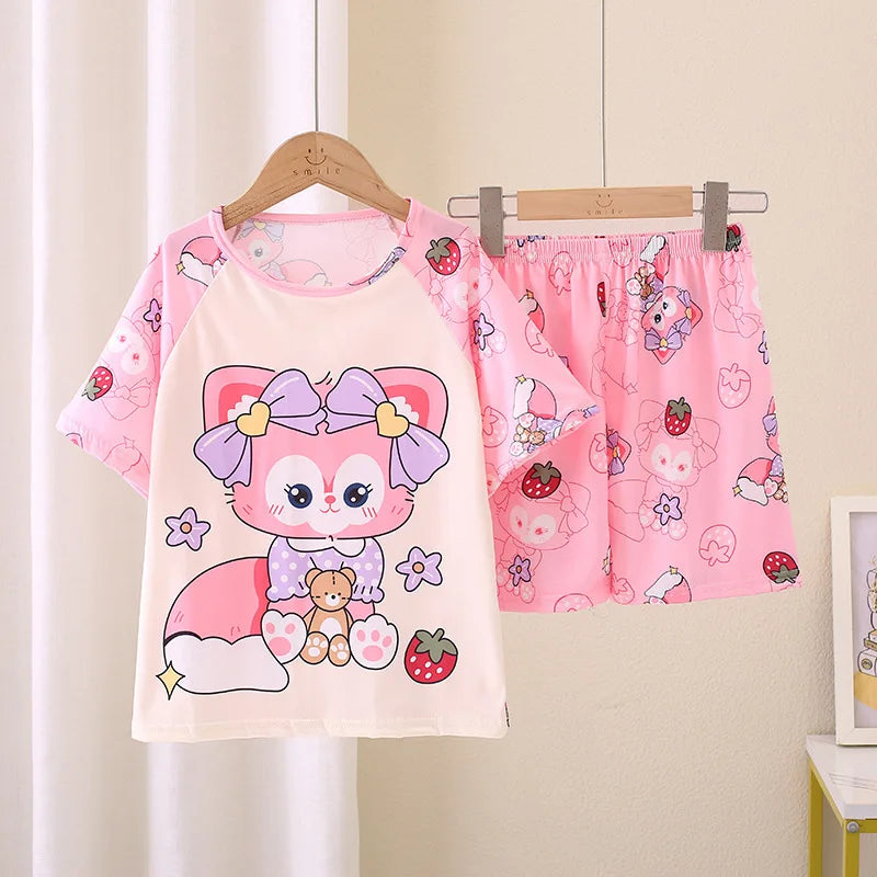 Girls Pajamas Sets Cute Cartoon Short Sleeve Kids Pyjama Snow White Princess Elsa Mickey Mouse Print Summer Pijama