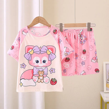 Girls Pajamas Sets Cute Cartoon Short Sleeve Kids Pyjama Snow White Princess Elsa Mickey Mouse Print Summer Pijama