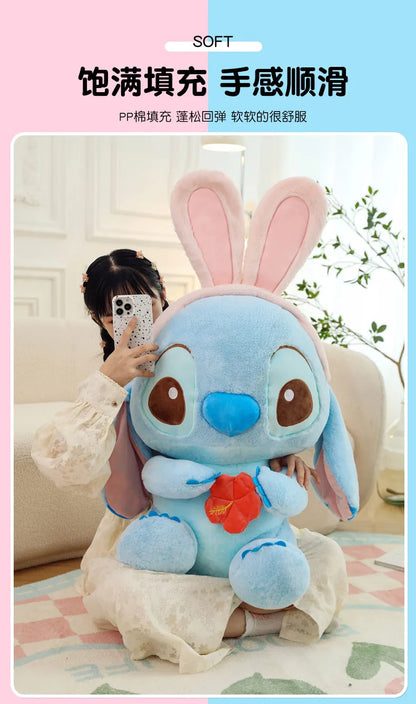 95cm Large Big Size Disney Stitch Angel Transformed Into A Rabbit Anime Plush Stuffed Doll Room Plushies Pillow Ornaments Gifts