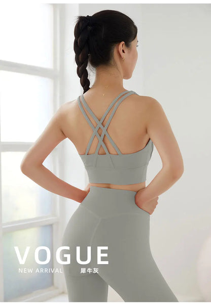 2 Piece Yoga Set Solid Color Women's High Waisted Leggings Tight-Fitting Quick-Drying Running Underwear Cross Bra Fitness Suit