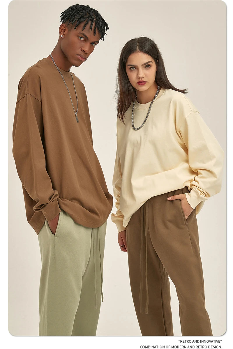 ZODF New 2025 Autumn Men 305gsm 100% Cotton T Shirt Unisex Loose Heavy Weight Basic Long Sleeve Solid T-Shirts Tops HY0634